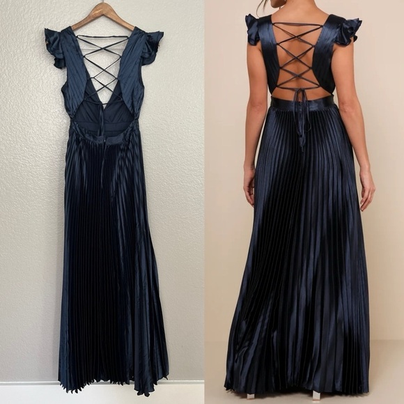 NWOT Exceptional Drama Navy Blue Satin Lace-Up Pleated Maxi Dress - Picture 3 of 11